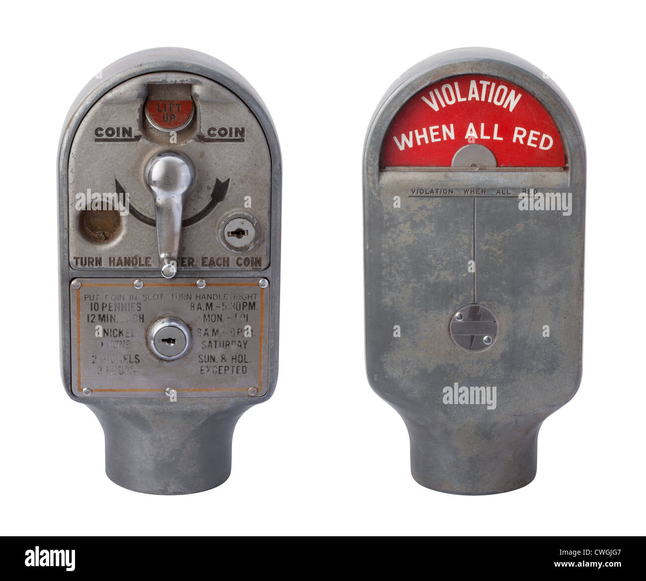 Antique Parking Meter (1953) Violation, isolated on white. Stock Photo