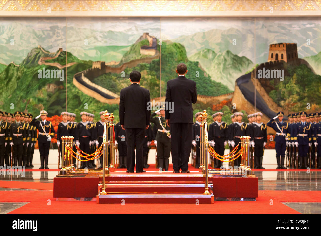 President Barack Obama and Chinese President Hu Jintao participate in an official arrival ceremony at the Great Hall of the Peop Stock Photo