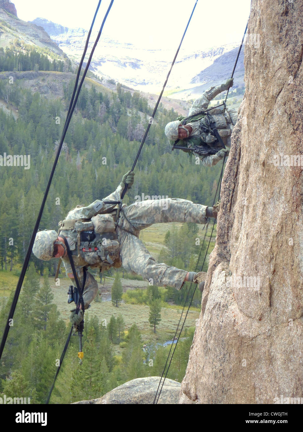 US Army soldiers attend a three week-long Assault Climbers training at the Marine Corpsâ Mountain Warfare Training Center September 22, 2011 in Northern California. This is the first non Special Forces unit to attend this physically challenging exercise. Stock Photo