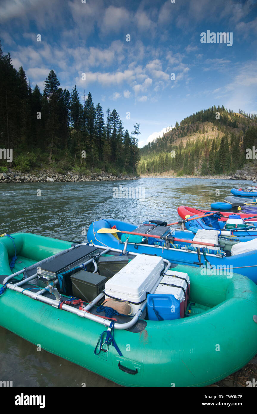 Rafts lined up at camp on the Main Salmon River, Payette National Forest, Riggins, Idaho. Stock Photo