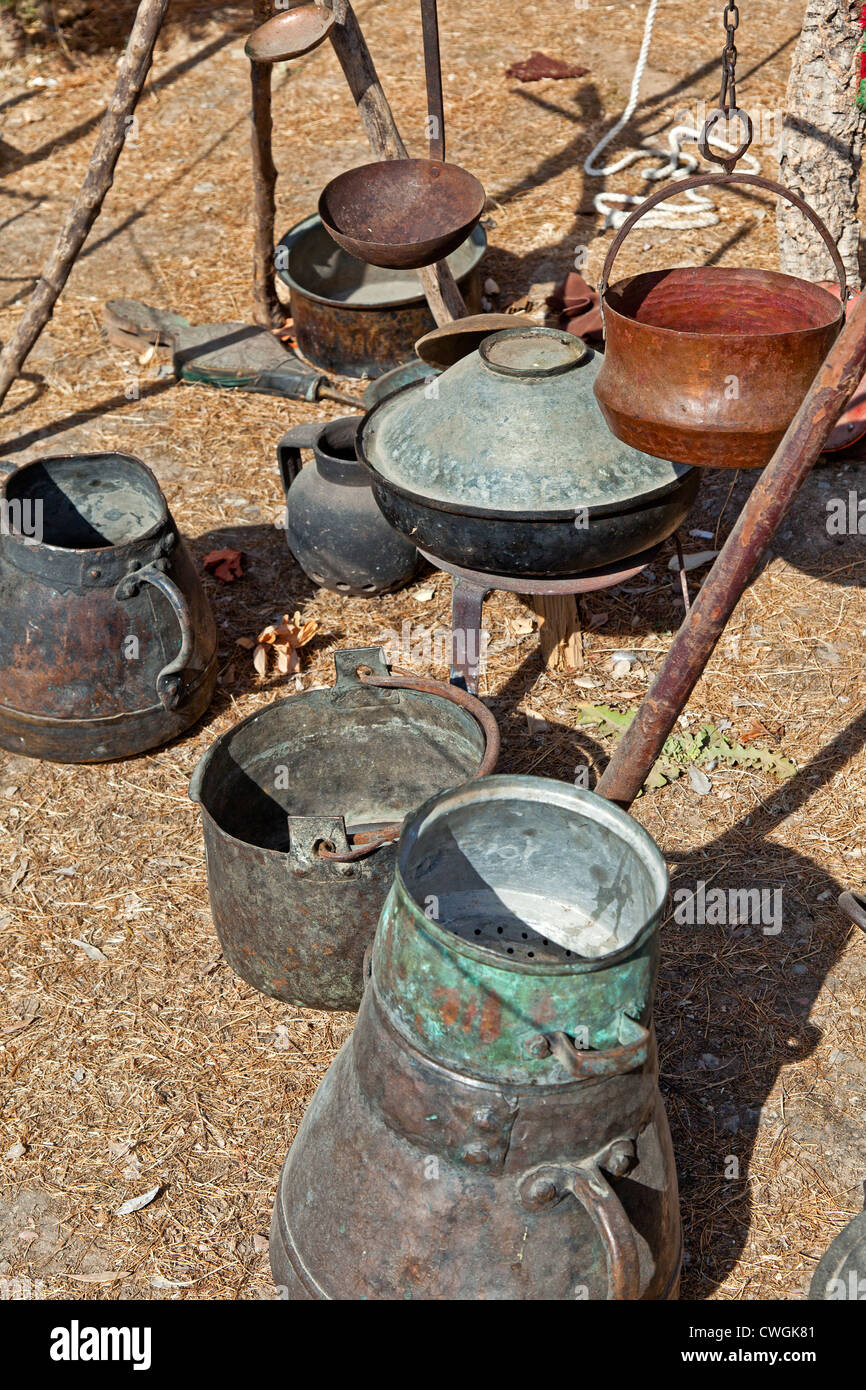 Tent of a cast iron cookware maker the Middle Ages in the Medieval Fair in Óbidos, Portugal. Stock Photo