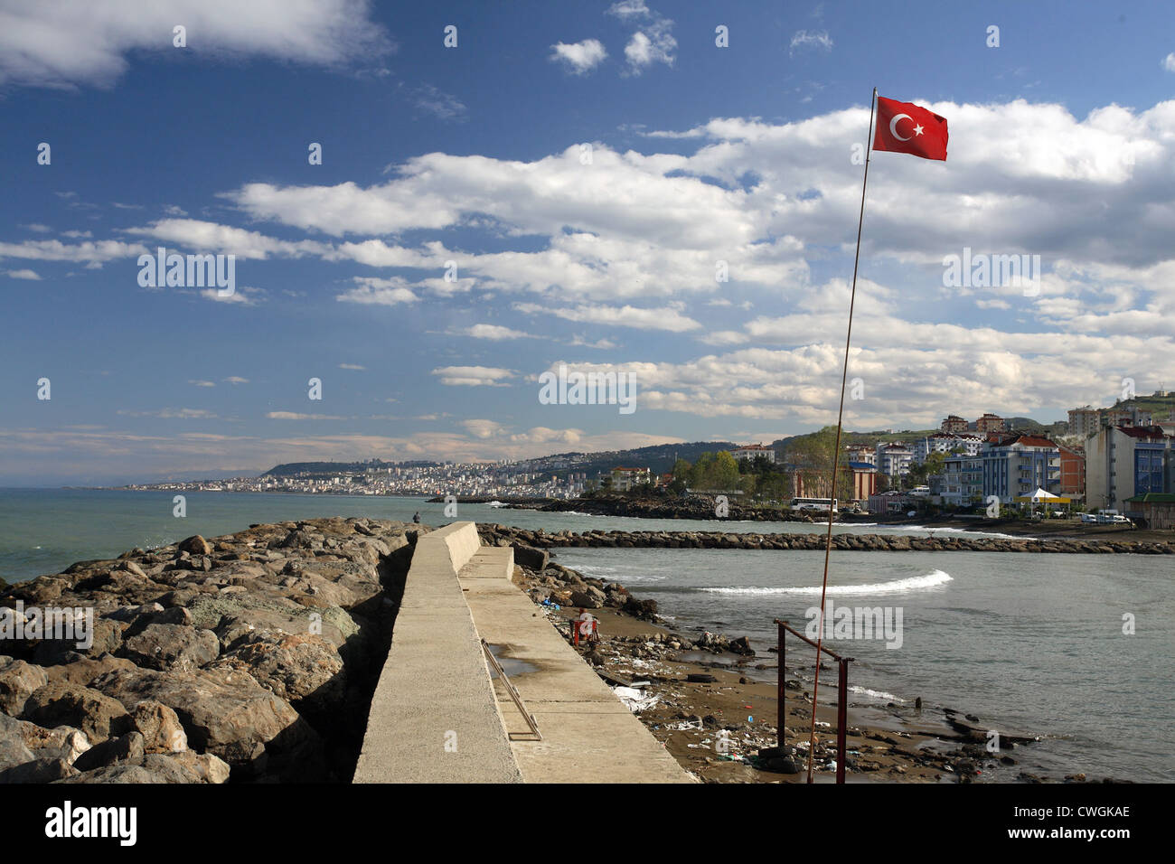 Trabzon, Cityscape and Turkish national flag Stock Photo