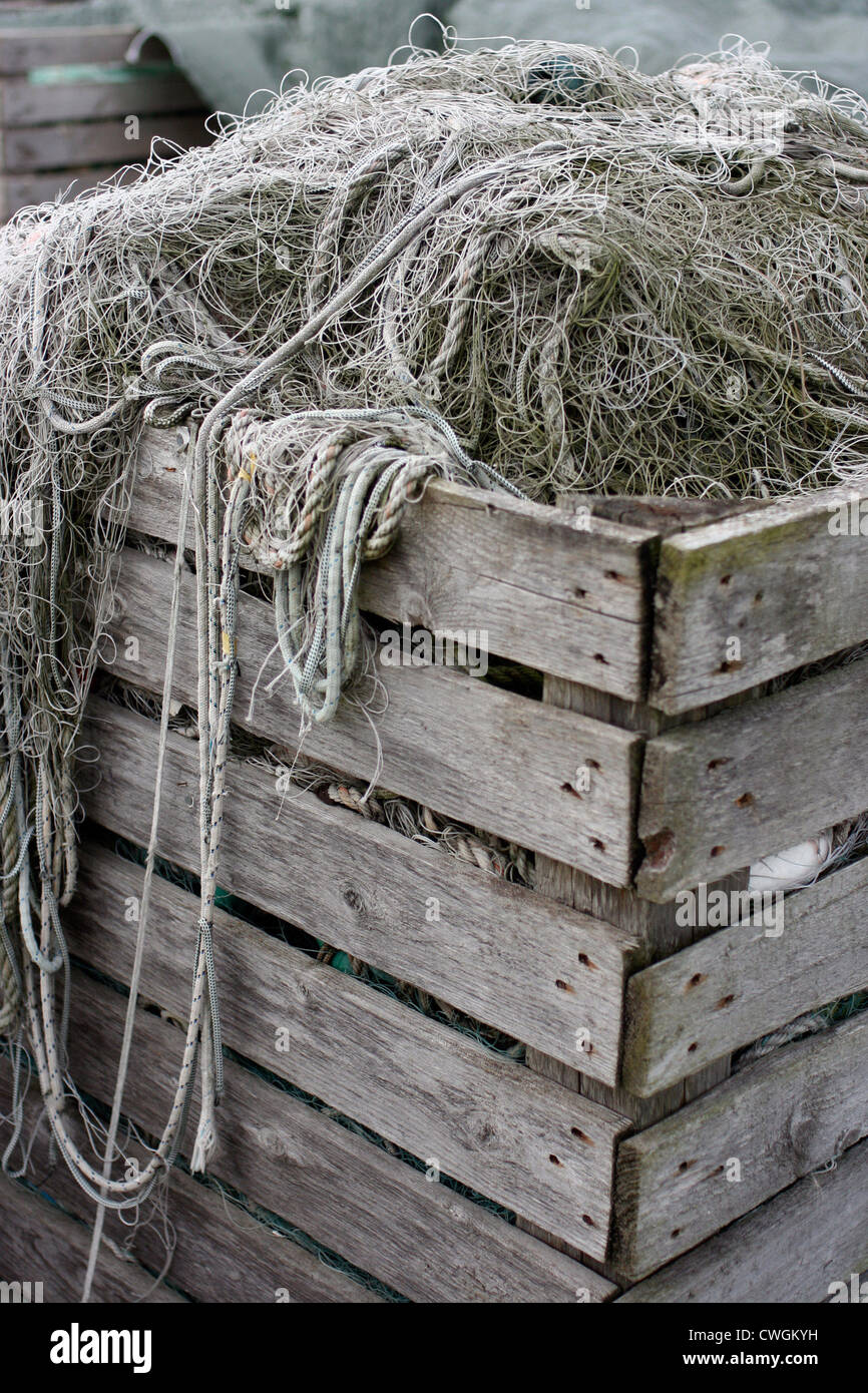 Denmark, old fishing nets in a wooden box Stock Photo - Alamy