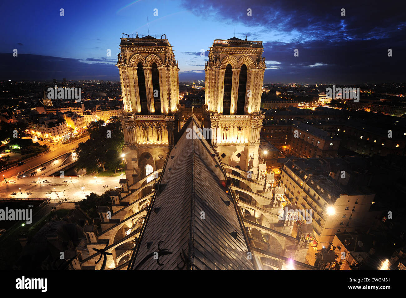 Notre dame de Paris by night with view on latin district Stock Photo