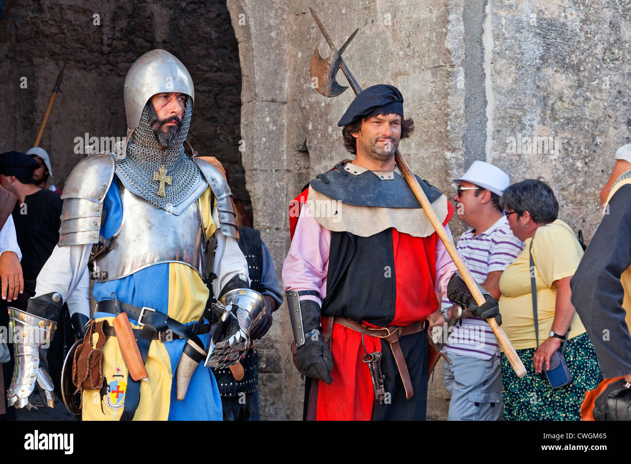 Warriors in a reenactment of a Medieval Fair in Óbidos, Portugal. Stock Photo