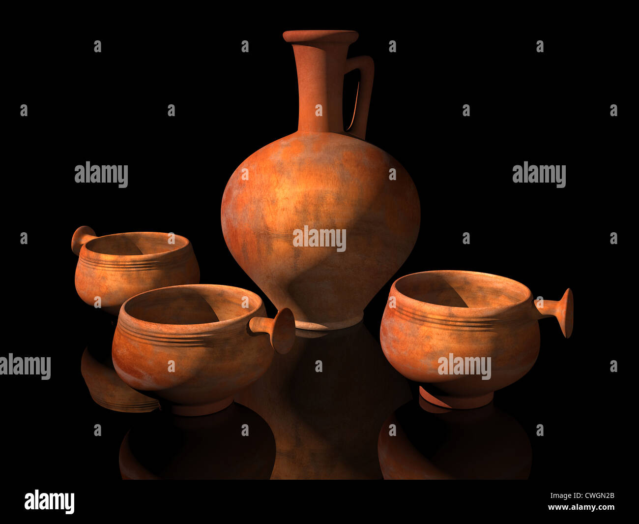 Illustration of ancient Roman dippers or drinking cups with a wine jug Stock Photo
