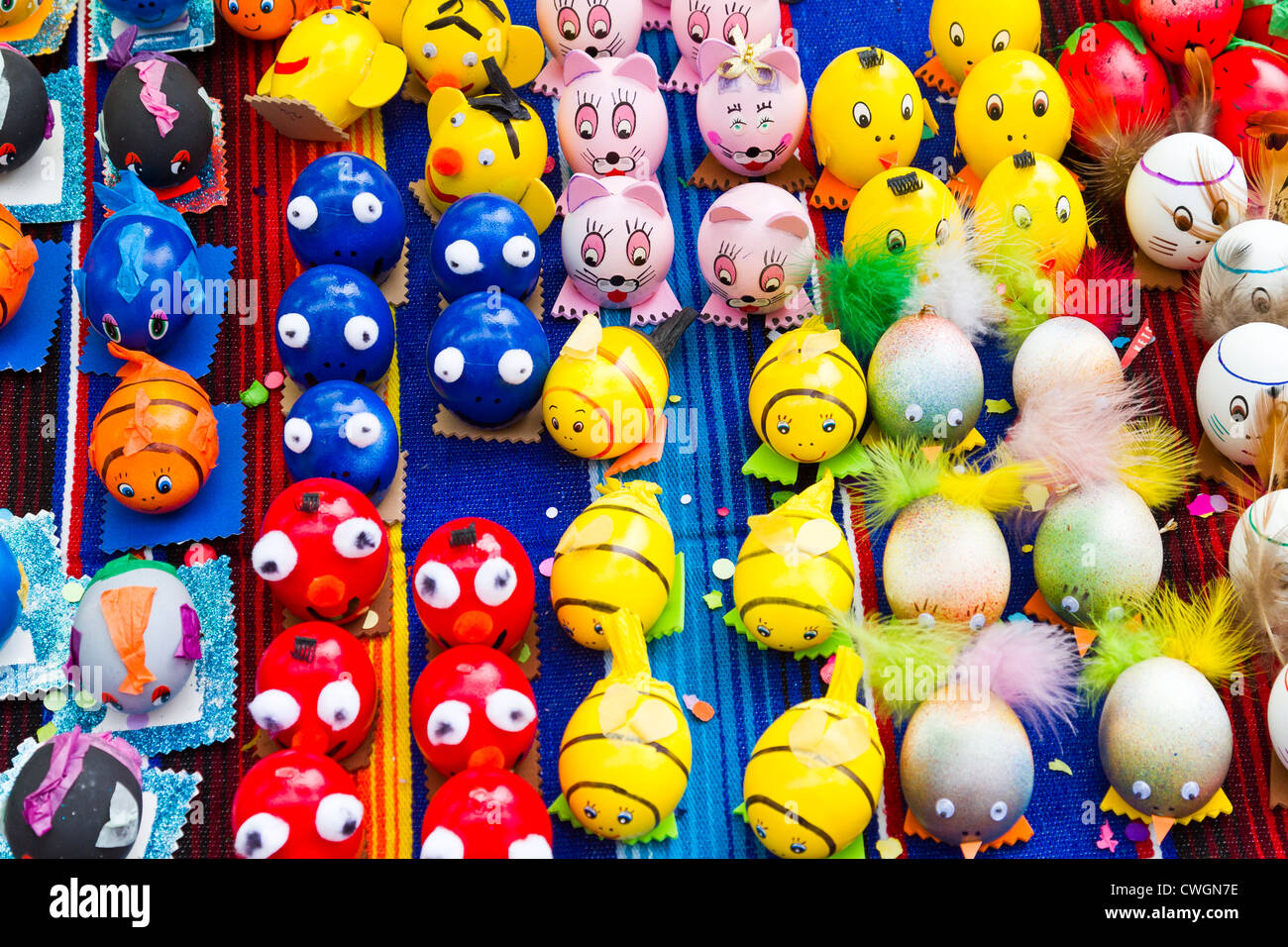 Colored eggs filled with confetti offered for sale during fiesta in