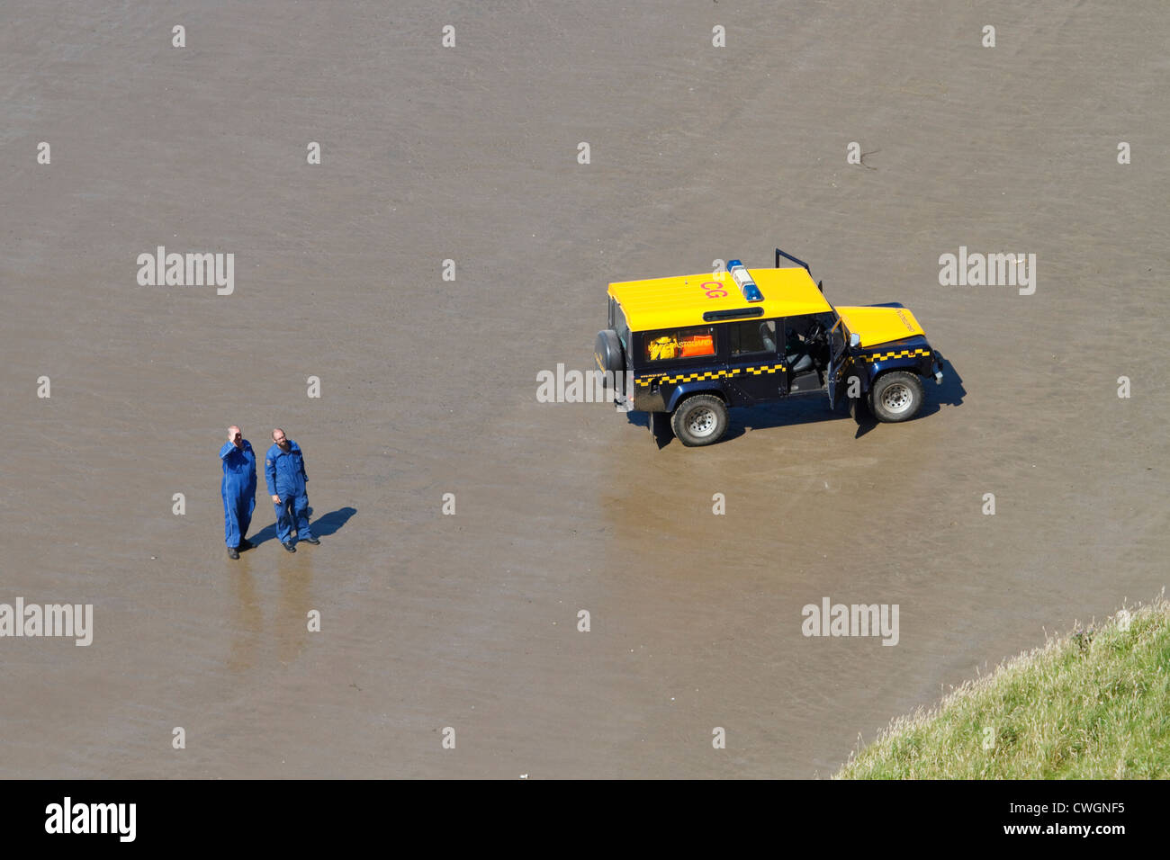 Coast guards with Landrover at Rhossili Beach, Wales Stock Photo