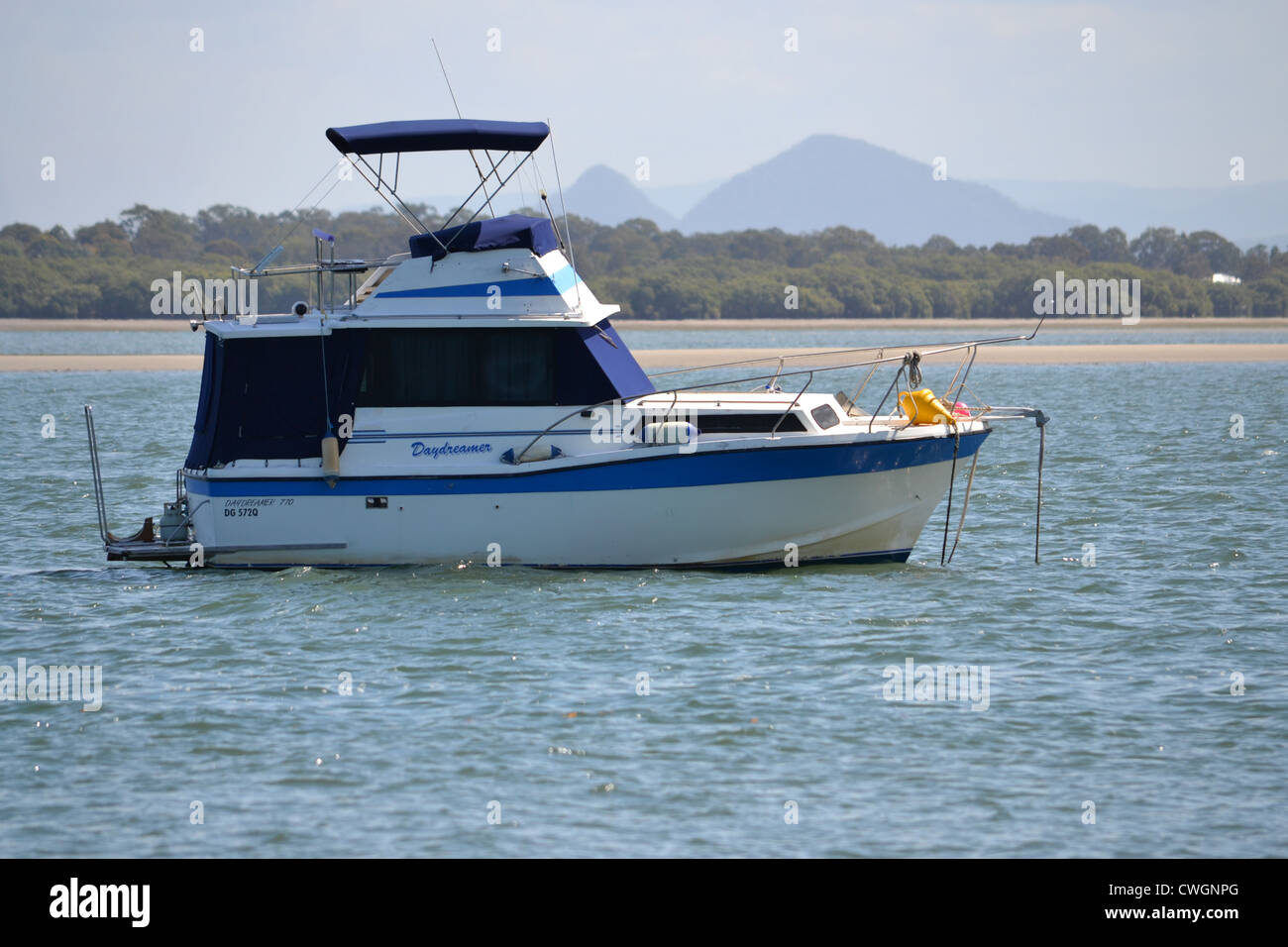 anchored game fishing boat off Bribie Island, Queensland, Australia Stock Photo