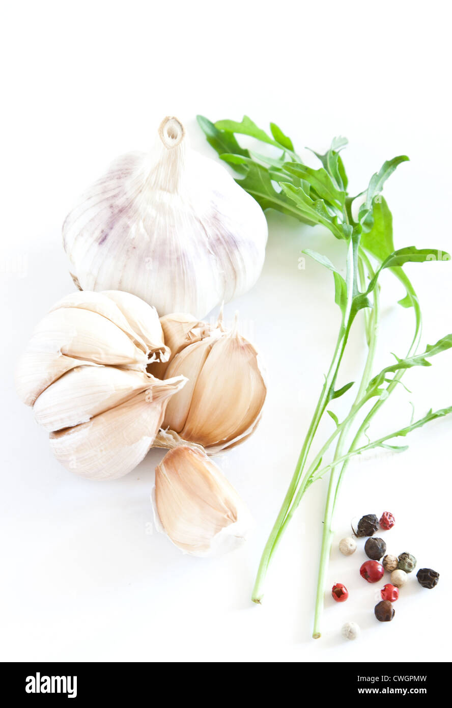 bulb garlic and clove with green leaf and balls pepper Stock Photo Alamy