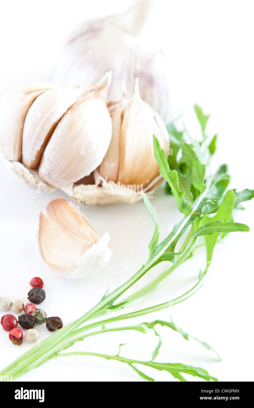 bulb garlic and clove with green leaf and balls pepper Stock Photo Alamy