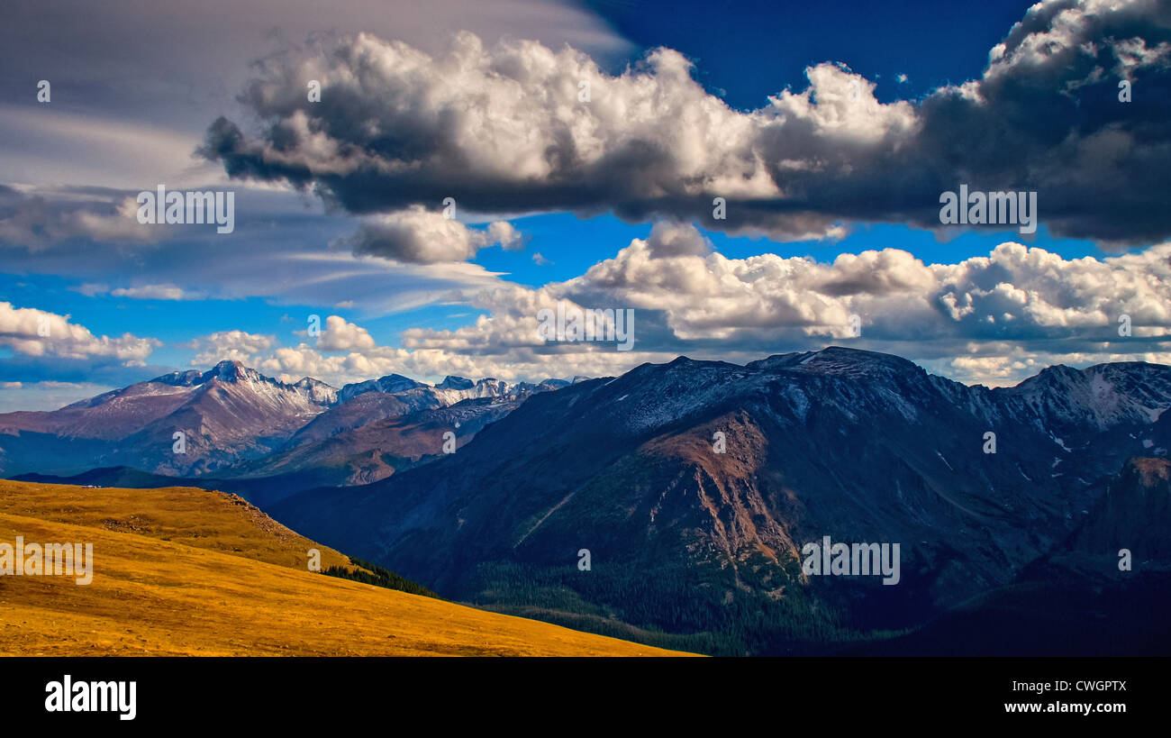 A panoramic of the Never Summer Mountain Range and Longs Peak in Rocky Mountain National Park, Colorado on a Autumn day Stock Photo