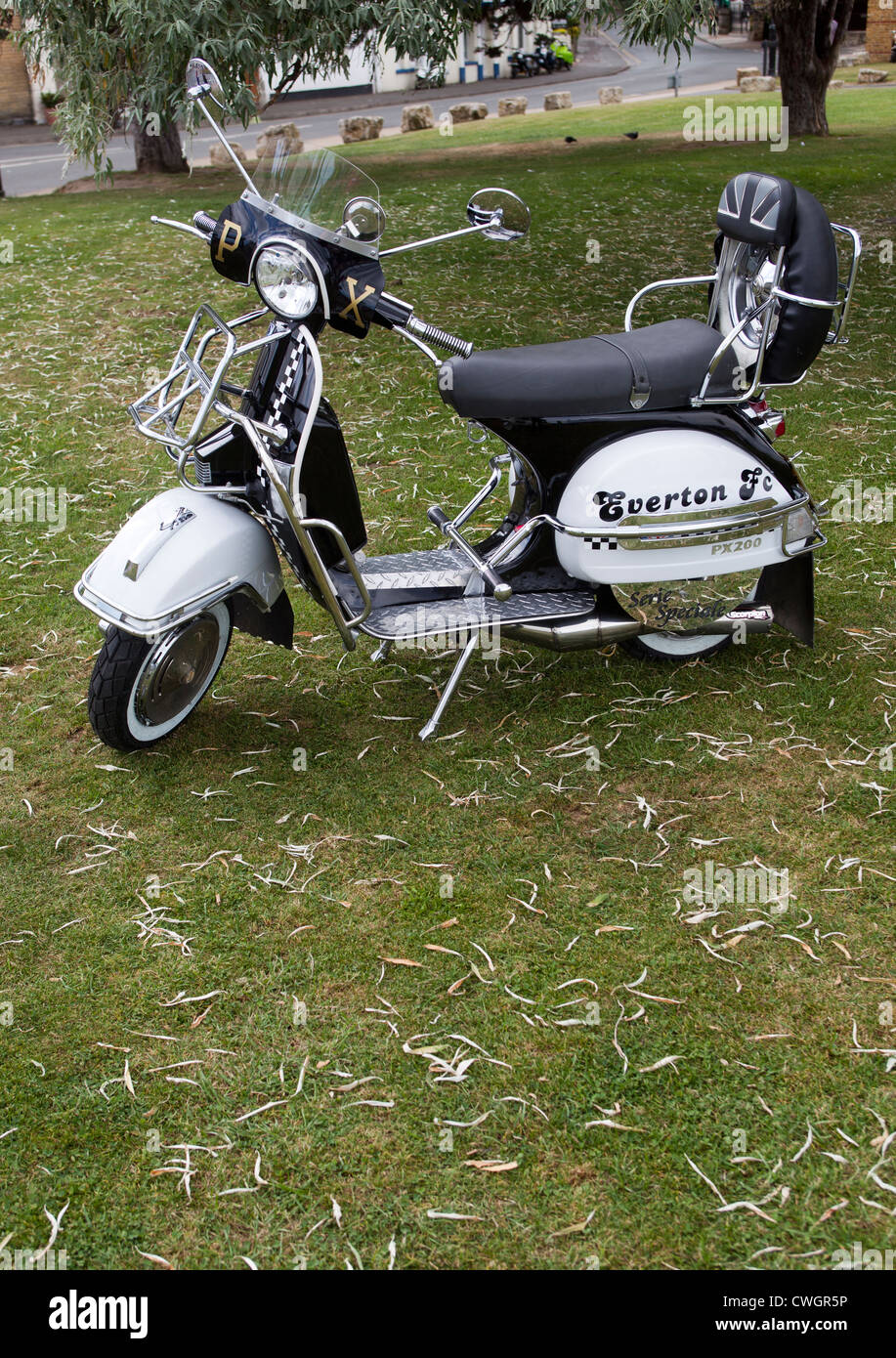 Customised Classic Vespa Scooter with Everton FC Logo Stock Photo
