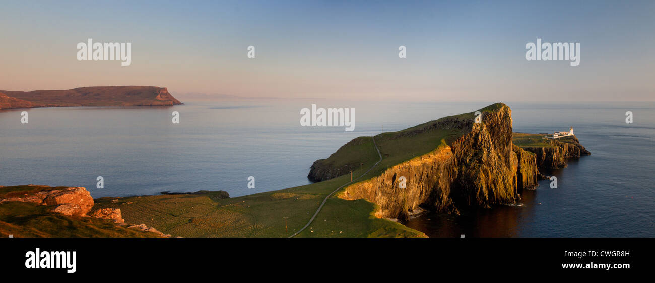 Panorama of Neist Liighthouse at sunset, Isle of Skye, Scotland Stock Photo