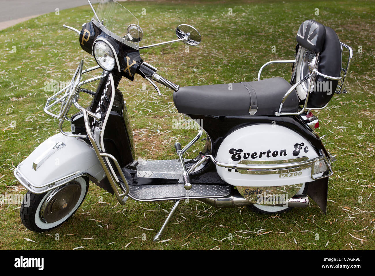 Customised Classic Vespa Scooter with Everton FC Logo Stock Photo