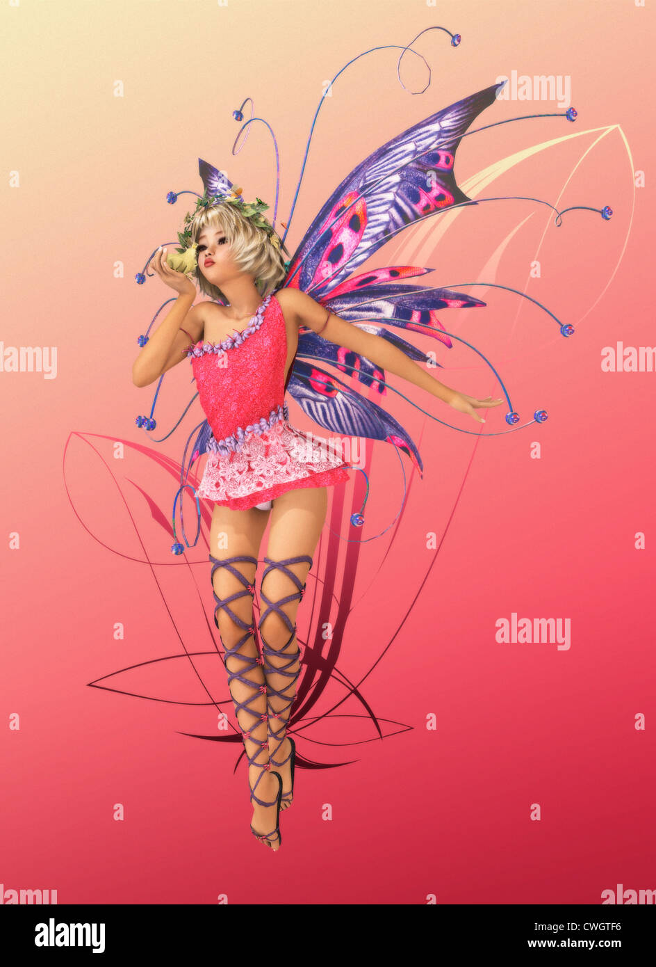 A charming fairy with wings, wreath and a frog prince Stock Photo - Alamy