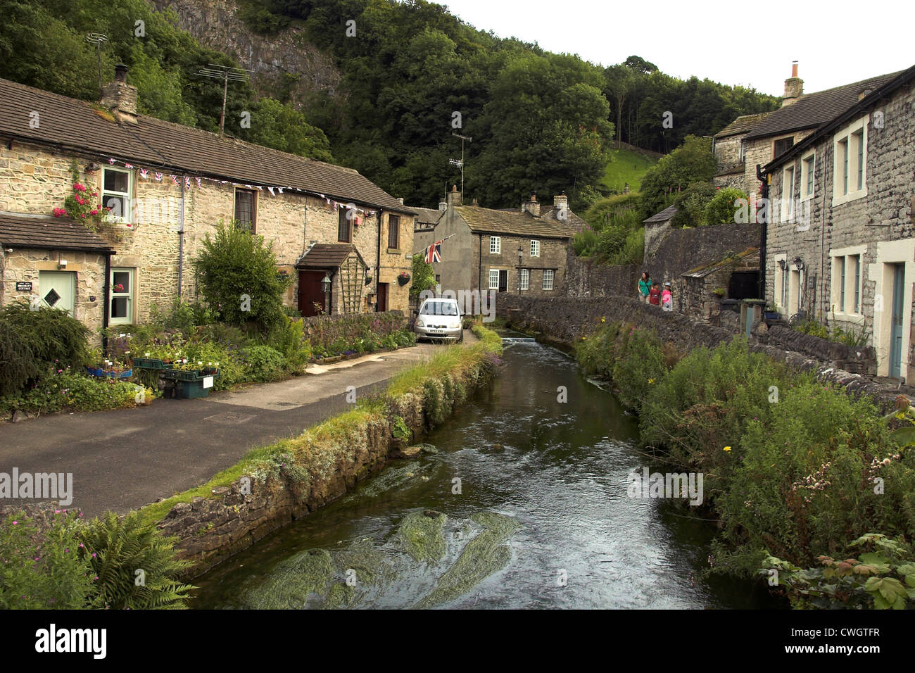 Old miner's Cottages and stream, Castleton, Peak District, Derbyshire
