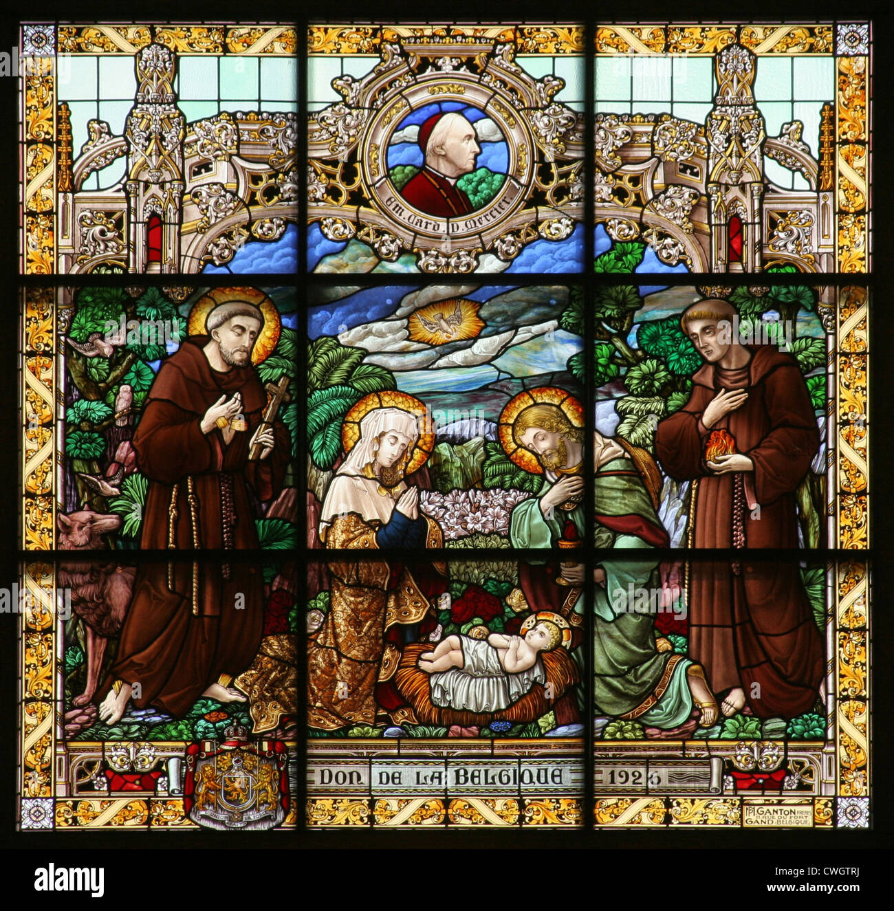 Nativity scene, stained glass, Church of St. Catherine, Bethlehem Stock