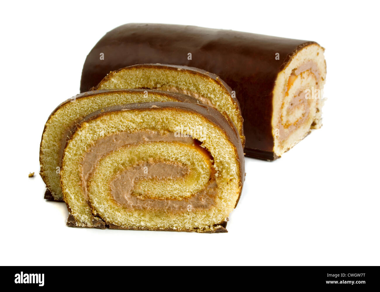 Chocolate glazed roll cake isolated on white Stock Photo