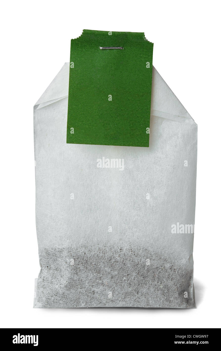 Tea bag with green tag isolated on white Stock Photo