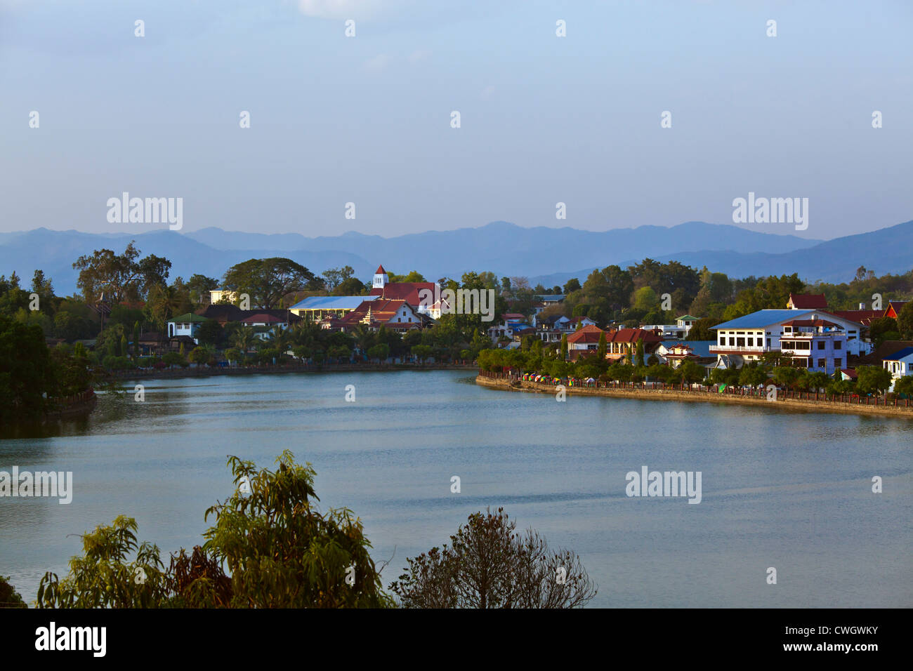 LAKE NAUNG TUNG is in the center of the town of KENGTUNG also know as KYAINGTONG - MYANMAR Stock Photo