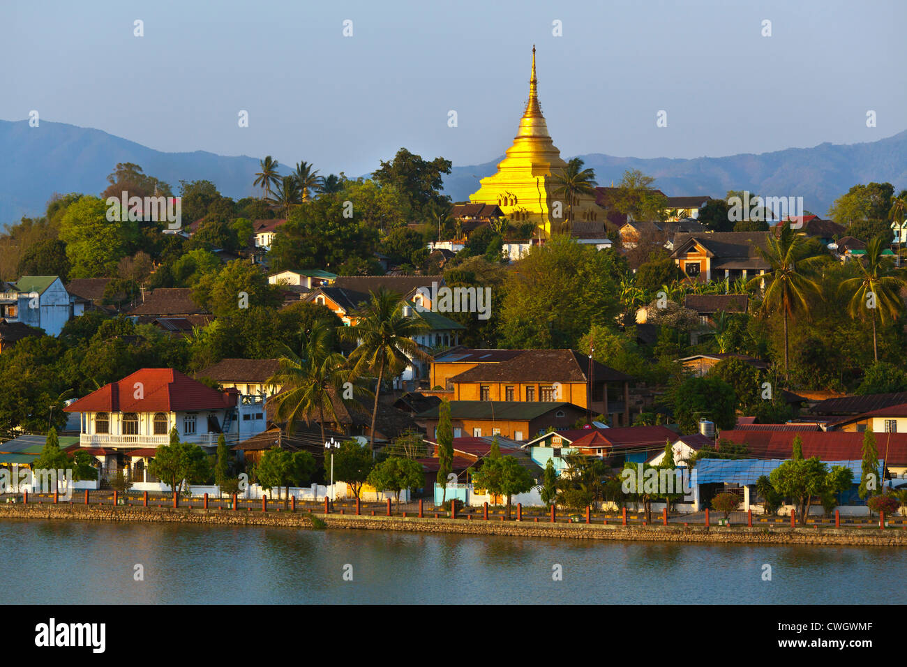 WAT JONG KHAM sits on a hill north of LAKE NAUNG TUNG the center of the town of KENGTUNG also know as KYAINGTONG - MYANMAR Stock Photo