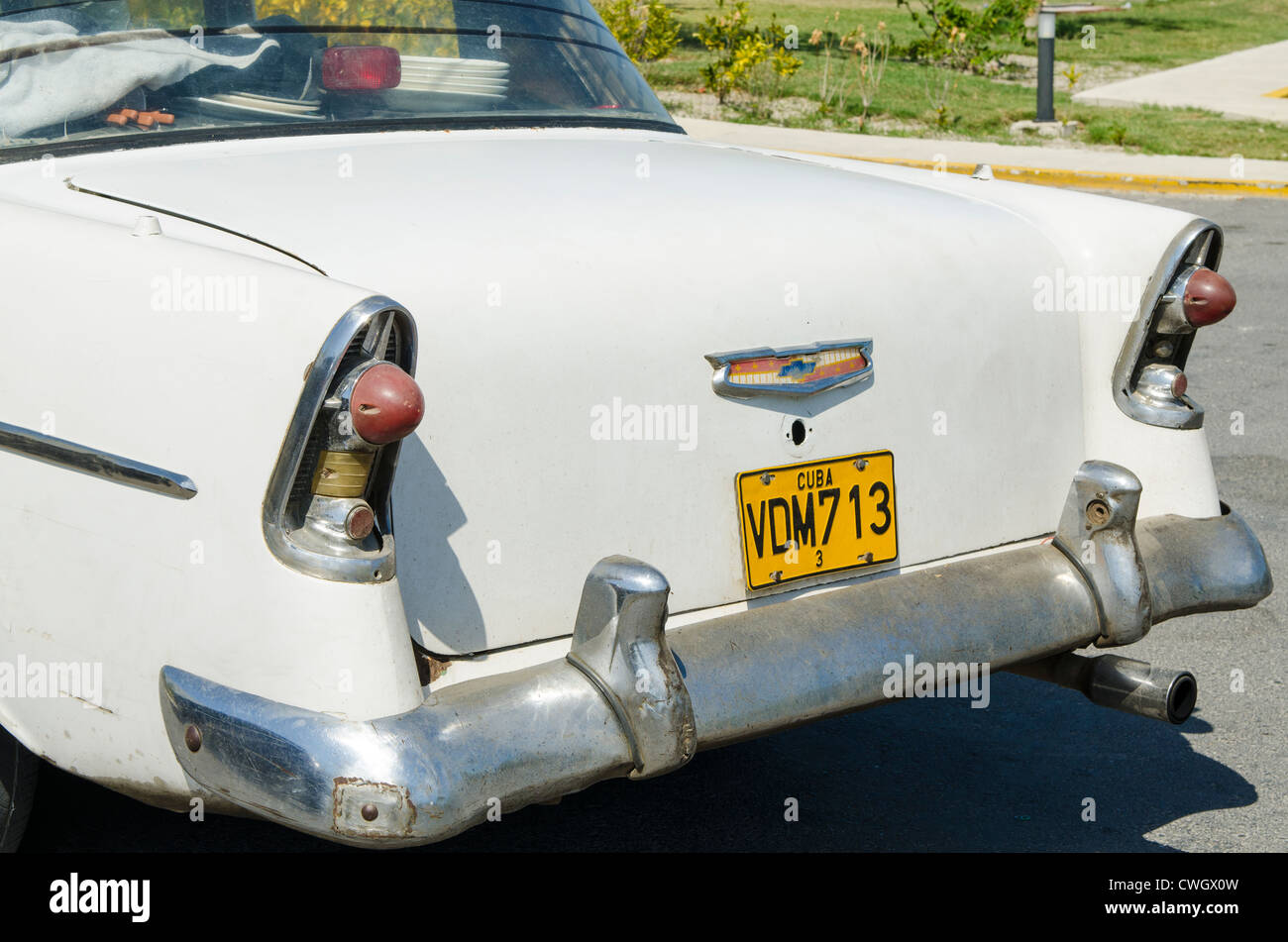 Back of an antique 1956 Chevrolet car, Remedios, Cuba. Stock Photo