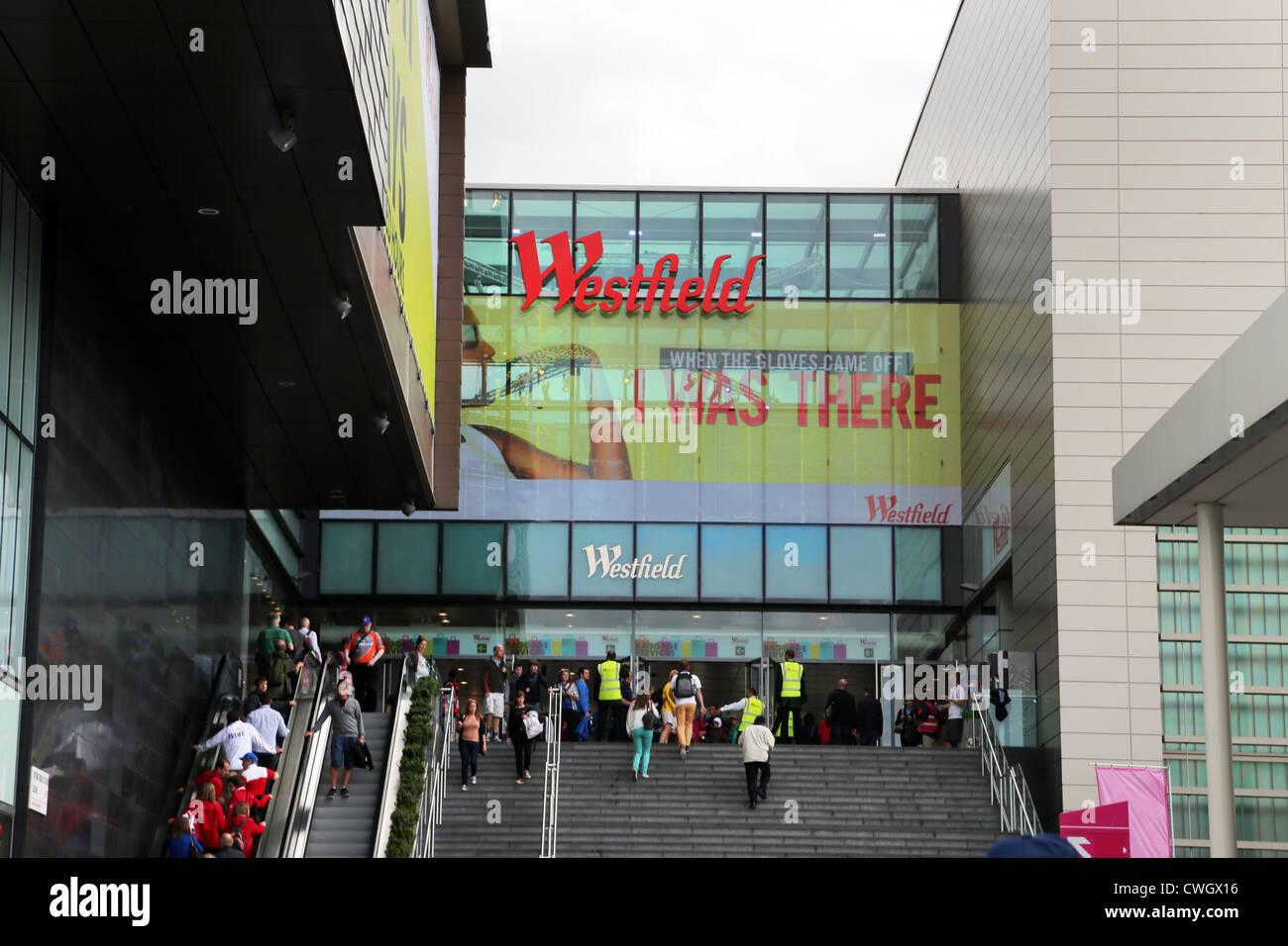 stratford London England Entrance To Westfield Shopping Centre Crowds Of People Stock Photo
