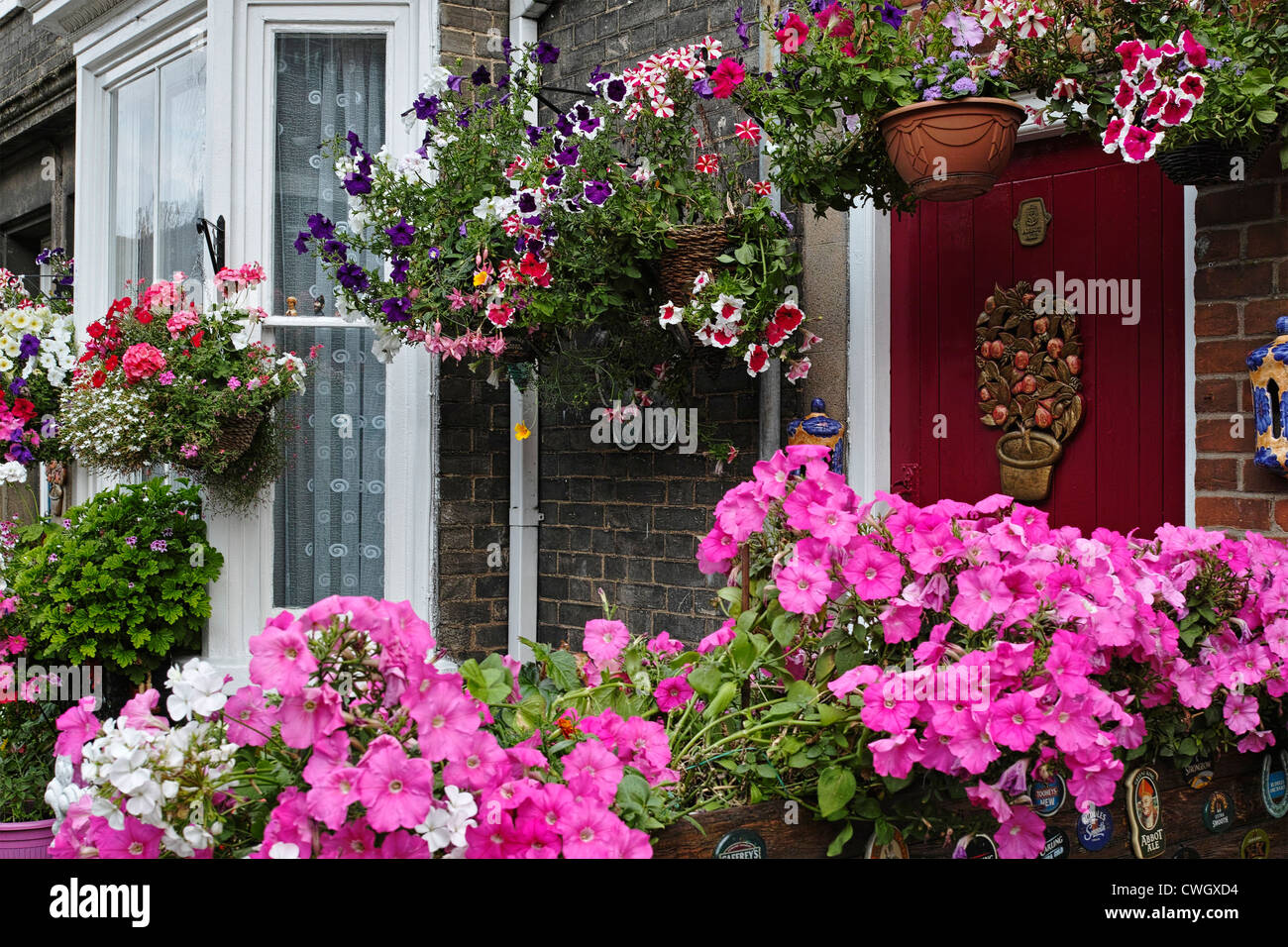 Floral display in front of a house in Bury St Edmunds Stock Photo
