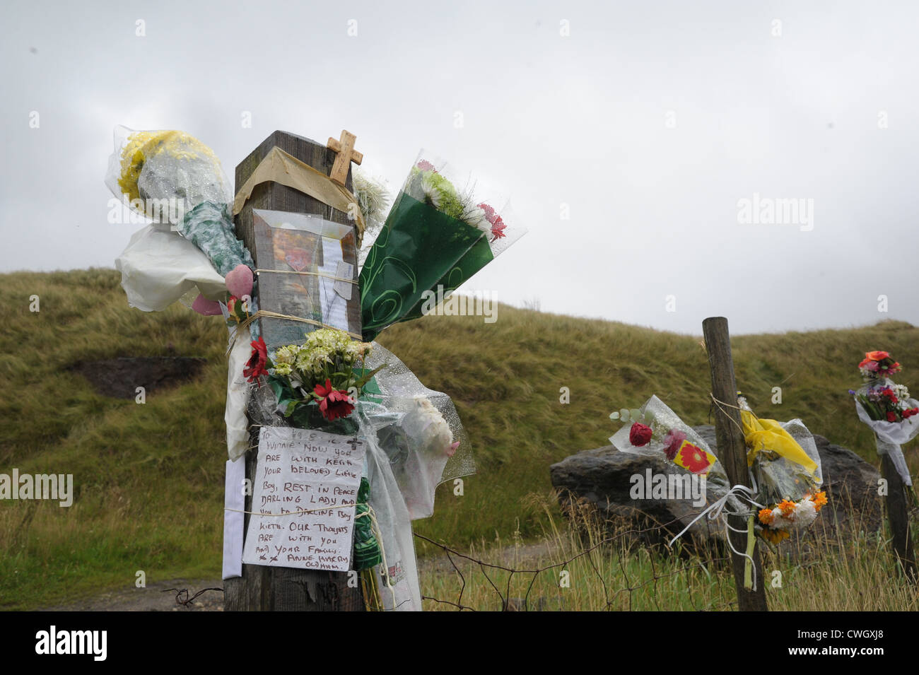Flowers tied to a fence on Saddleworth Moor in tribute to Winnie Johnson and  Moors murder victim son Keith Bennett Stock Photo