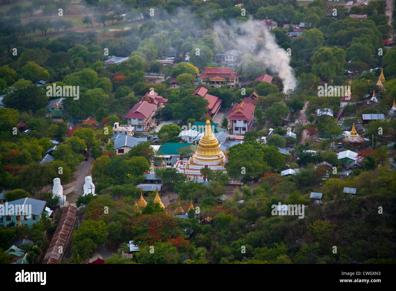 BUDDHIST TEMPLE COMPLEX from MANDALAY HILL - MANDALAY, MYANMAR Stock Photo