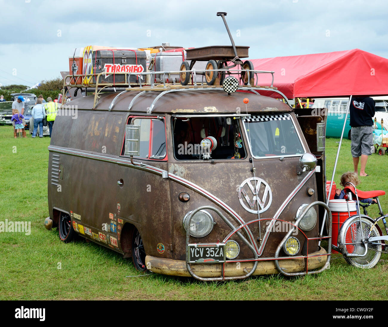 A VW camper van at a Volkswagen rally in Cornwall, UK Stock Photo