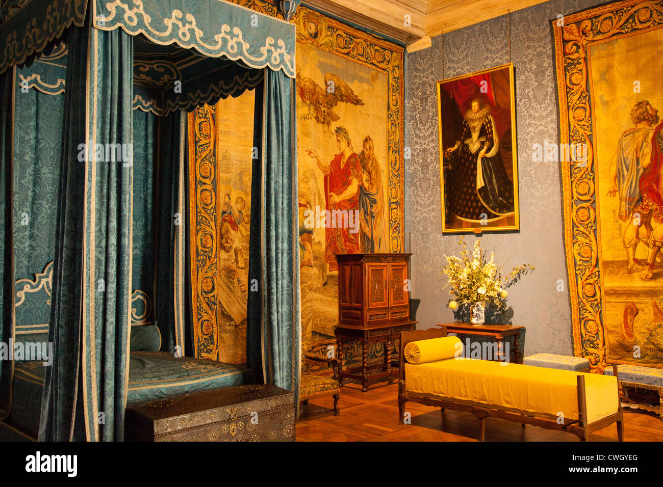 Bedroom of Francis I, and later of Maria Theresa, wife of King Louis XIV, Chateau de Chambord, Loire Valley, Centre France Stock Photo
