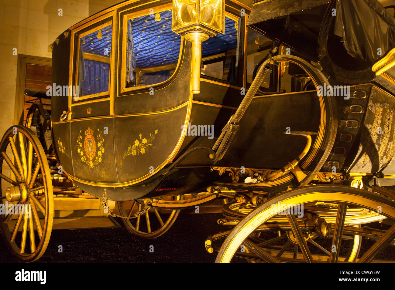 Detail on 18th century royal carriage on display in the coach room, Chateau de Chambord, Loire Valley, Centre France Stock Photo