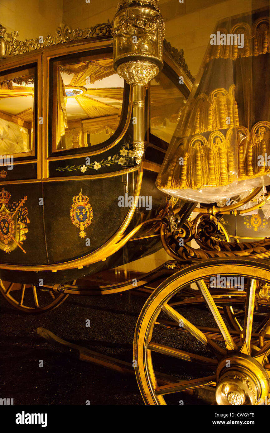 Detail on 18th century royal carriage on display in the coach room, Chateau de Chambord, Loire Valley, Centre France Stock Photo