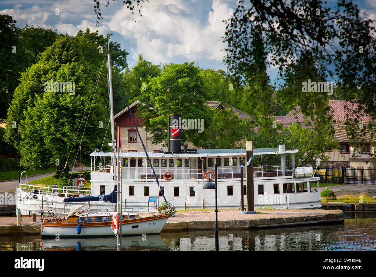 Idyllic summer scene on Göta Kanal ('Gotha Canal') in Trollhättan, Sweden Stock Photo