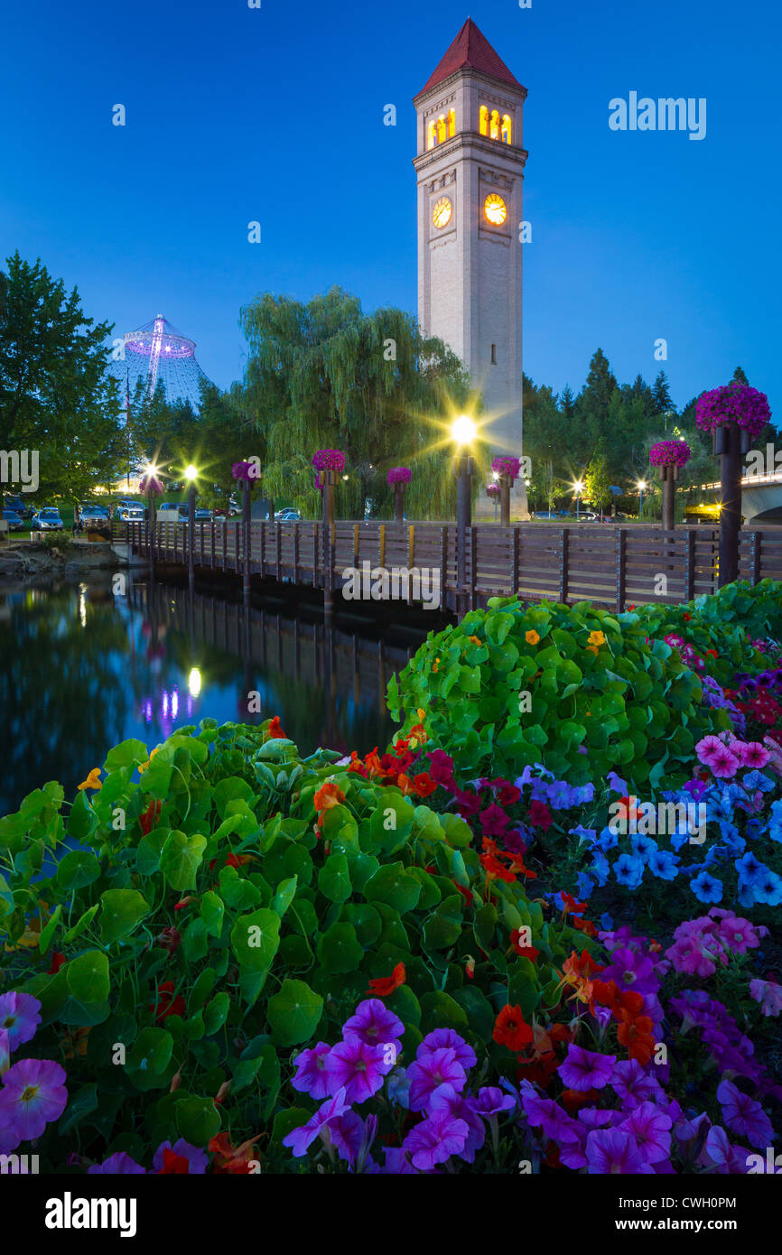 The Spokane clock tower in Riverfront Park in Spokane, Washington at night Stock Photo