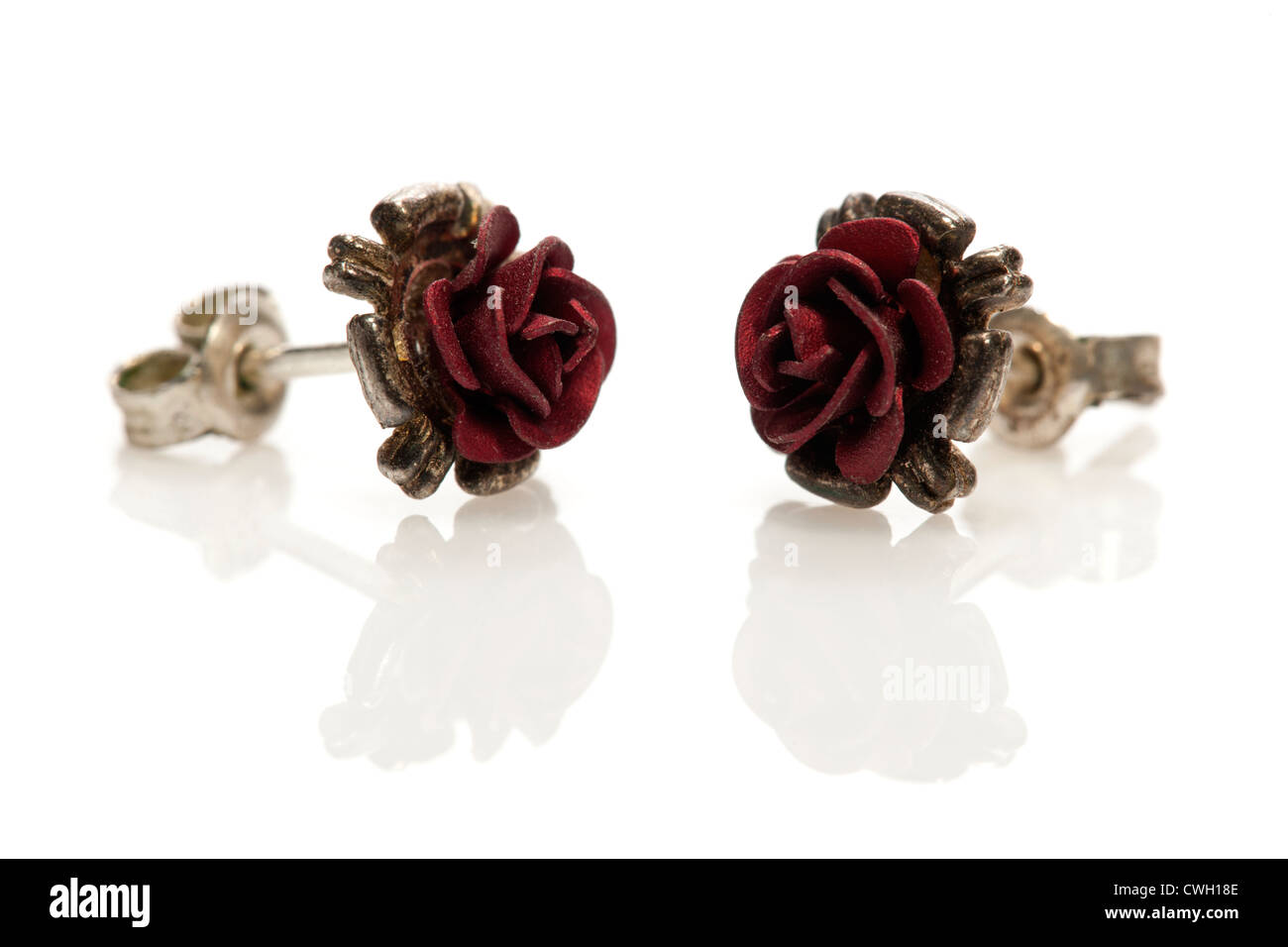 Pair of small red rose stud earrings Stock Photo