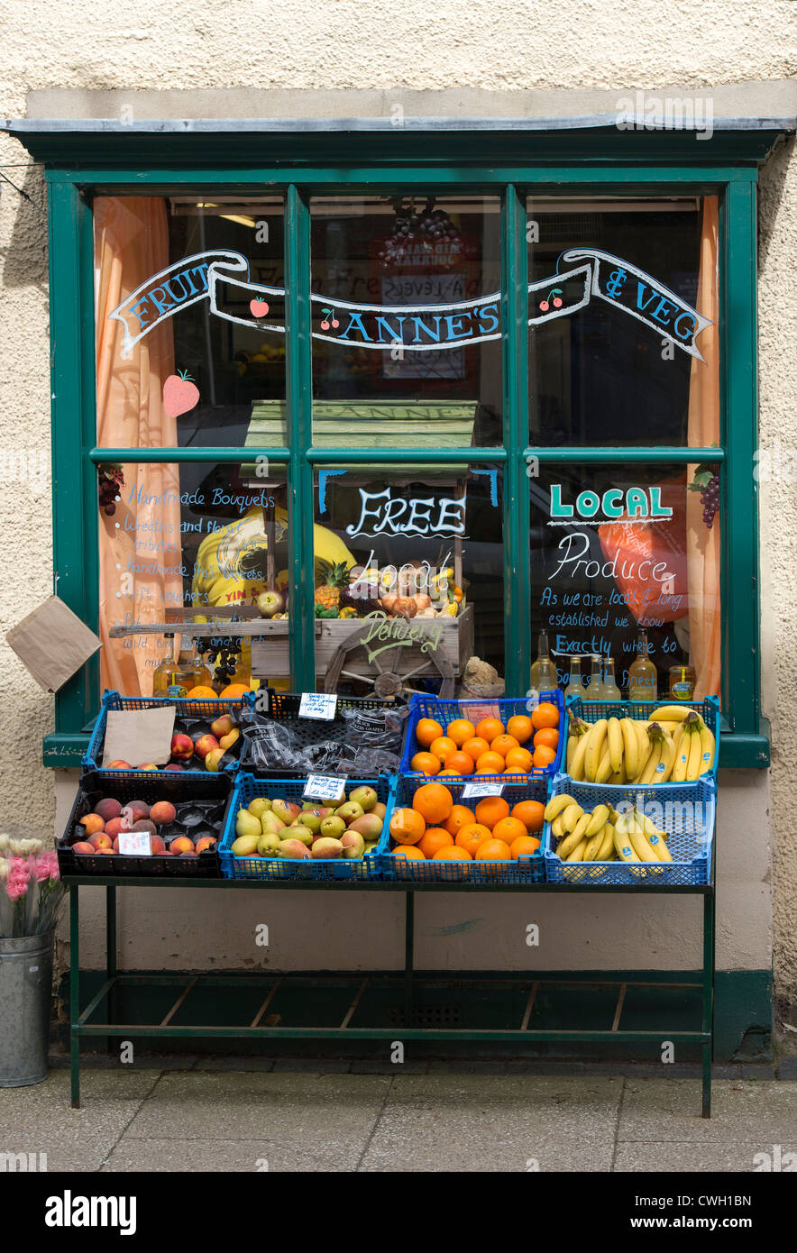 Local greengrocer sign. Presteigne, Powys, Wales. Stock Photo