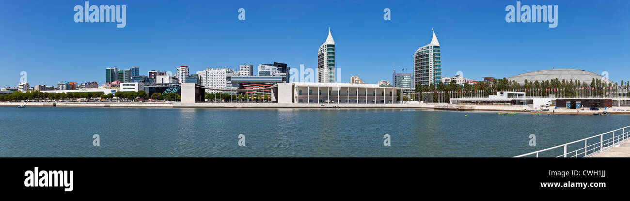 Portuguese Pavilion, Sao Gabriel (L) and Sao Rafael (R) Towers and Atlantico Pavilion. Parque das Nações, Lisbon, Portugal. Stock Photo