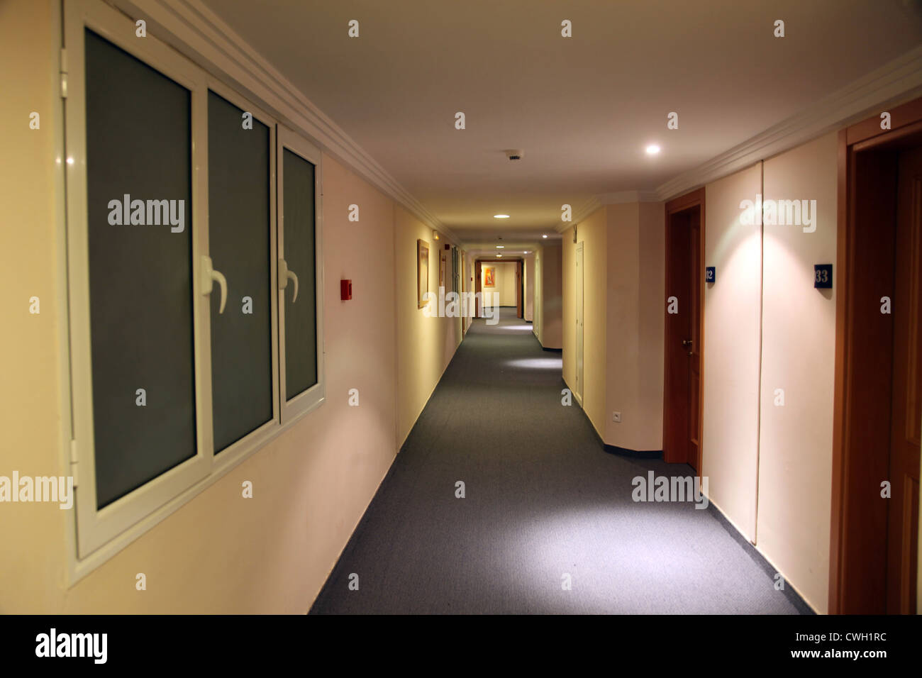 A long hotel corridor Stock Photo