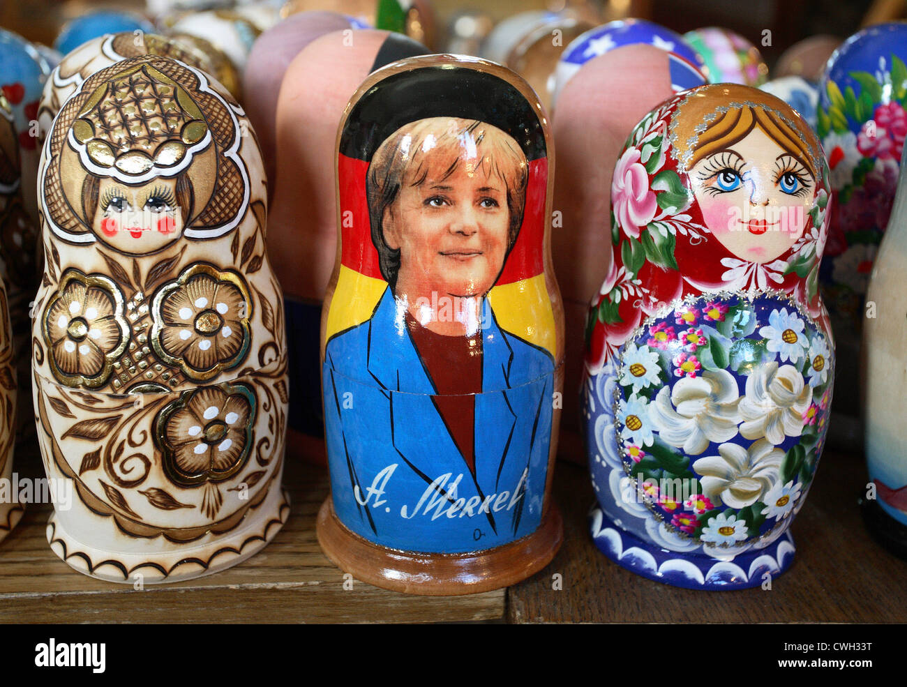 Yalta, matryoshkas with Angela Merkel as a motif on a souvenir stand Stock Photo