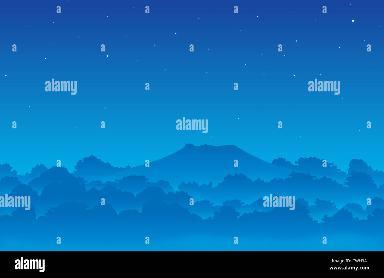 Illustration of a foggy forest in the night Stock Photo - Alamy