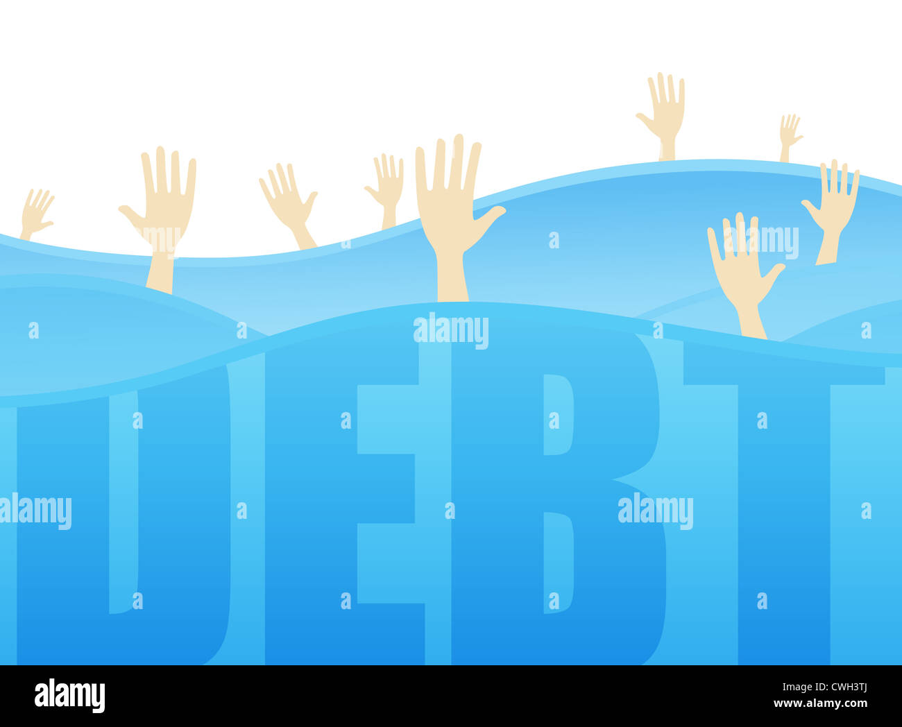 Several hands reaching for help while drowning in the ocean of debt. Stock Photo