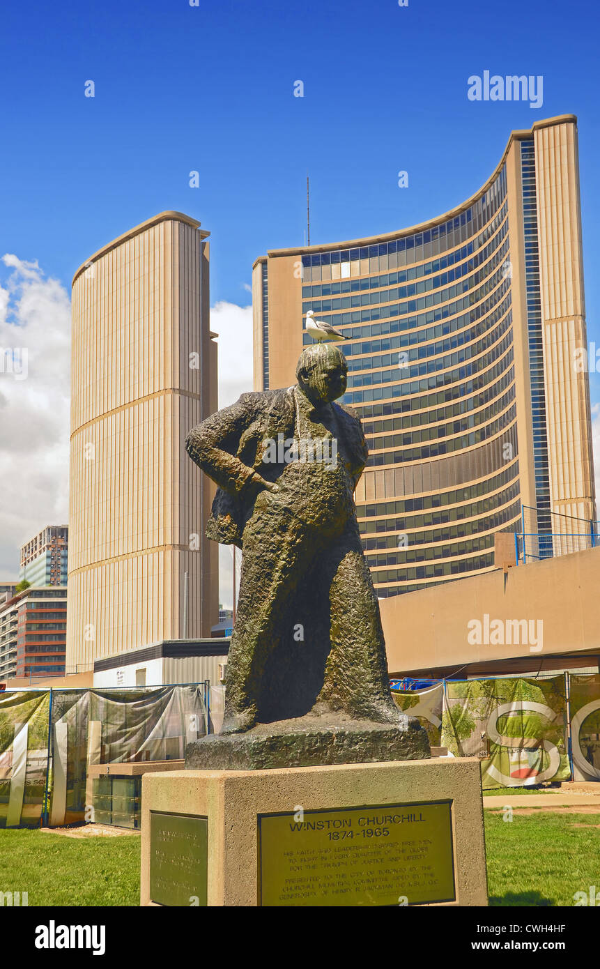 Statue of Winston Churchill on Nathan Phillips Square, in front of the Town Hall at Toronto, Ontario, Canada. Stock Photo