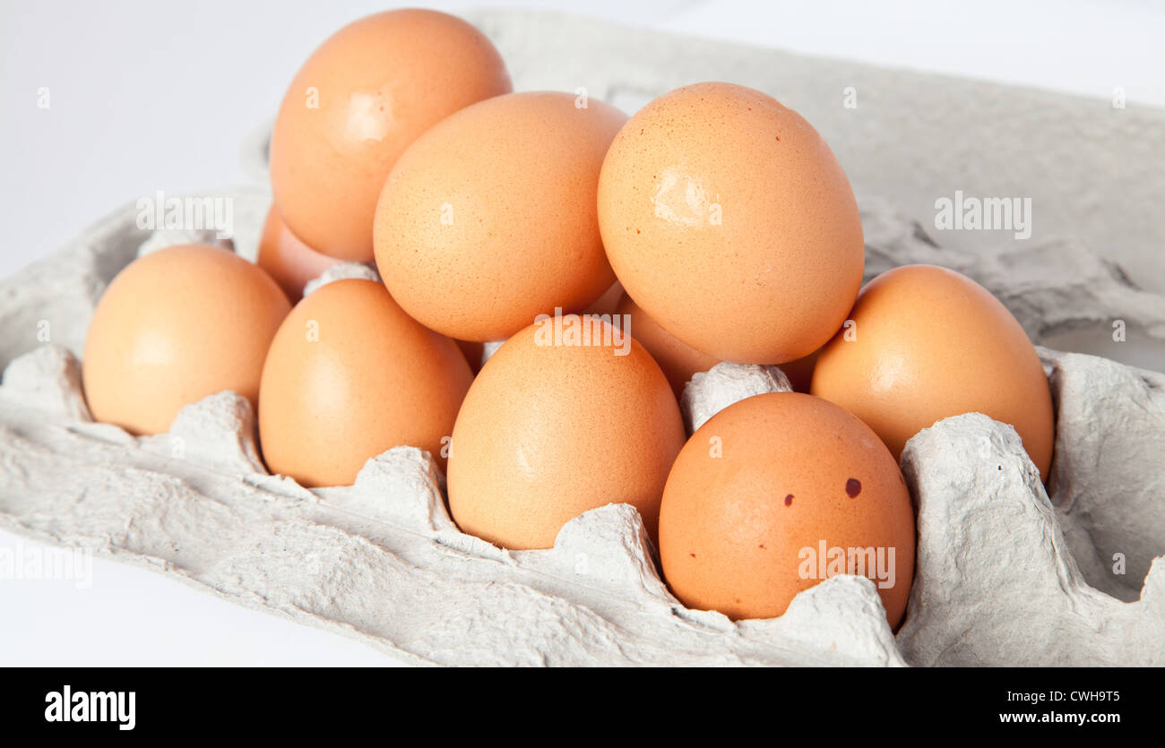 A dozen eggs pile high in the carton. Stock Photo