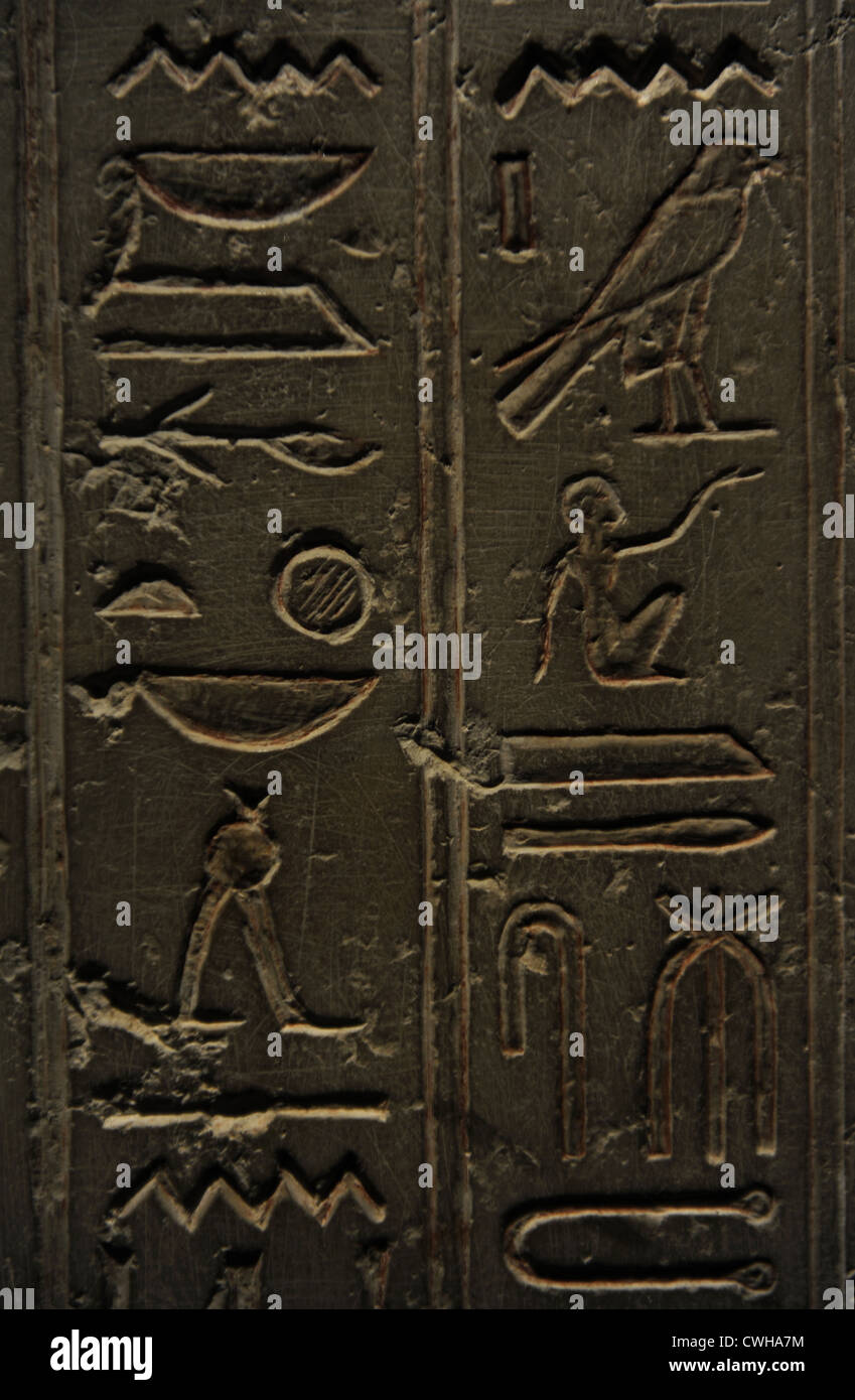 Egyptian Art. Sarcophagus of Nesi-Hor. C. 200 B.C. Detail. Hieroglyphic writing. Ptolemaic Egypt. Carlsberg Glyptotek Museum. Stock Photo