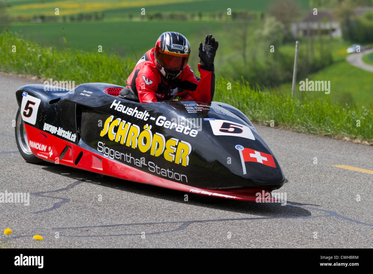 Vintage race car LCR Suzuki Sidecar from 2000 at Grand Prix in Mutschellen, SUI on April 29, 2012. Stock Photo