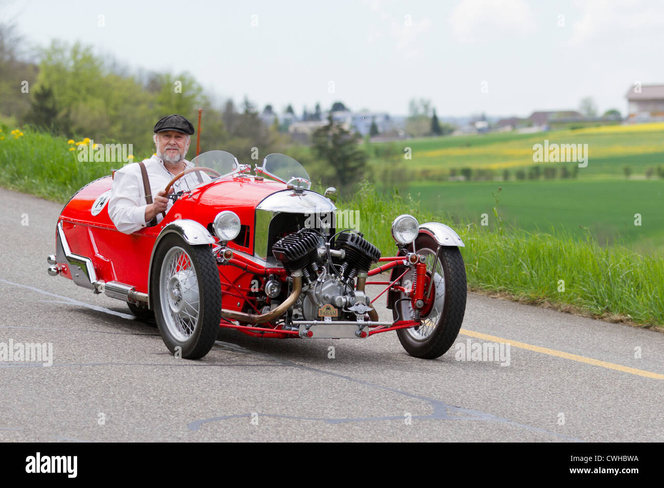 Vintage tricycle race car Morgan Super Sport from 1933 at Grand Prix in Mutschellen, SUI on April 29, 2012. Stock Photo