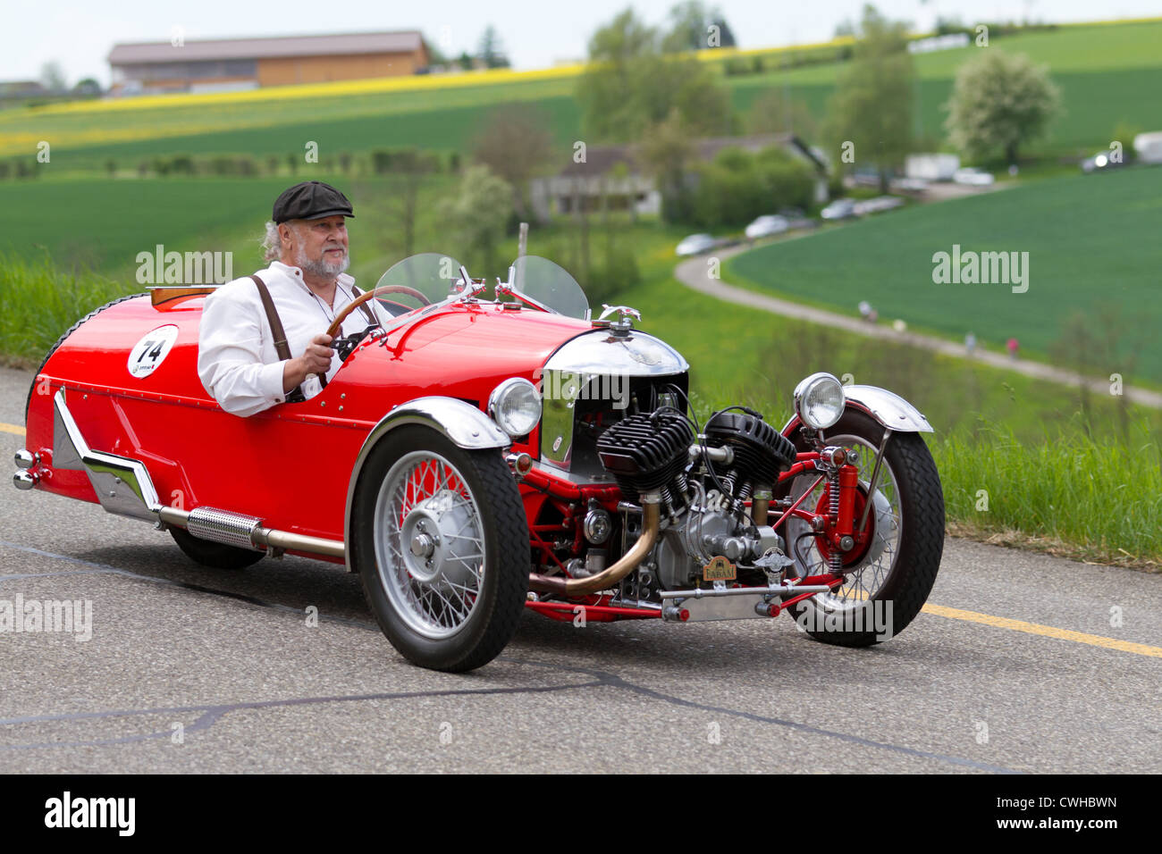 Vintage tricycle race car Morgan Super Sport from 1933 at Grand Prix in Mutschellen, SUI on April 29, 2012 Stock Photo